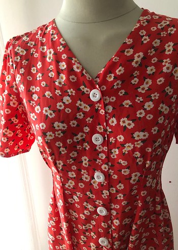 Shein Düğmeli V Yakalı Kırmızı Uzun Elbise - Görsel 3