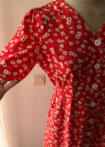 Shein Düğmeli V Yakalı Kırmızı Uzun Elbise - Görsel 2