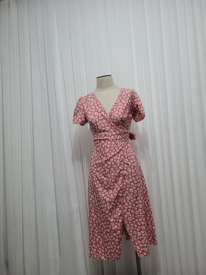 V Yaka Pembe Bohem Kısa Kollu Uzun Elbise - Görsel 2