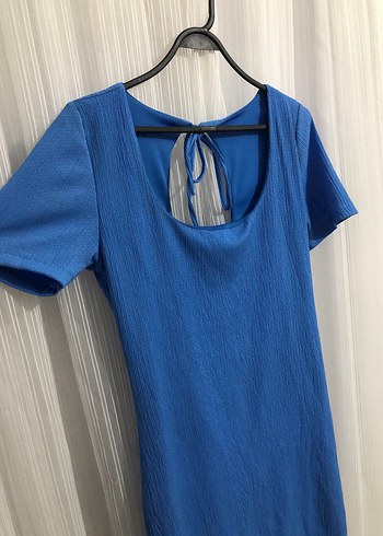 Mavi Midi Kısa Kollu Elbise - Görsel 2