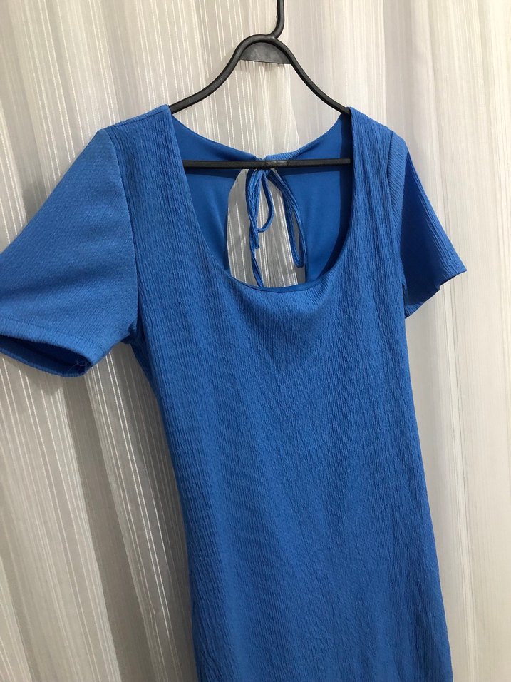 Mavi Midi Kısa Kollu Elbise - Görsel 2