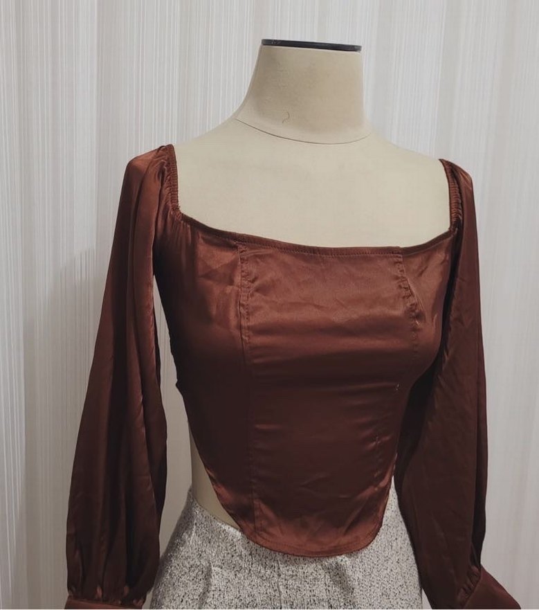 Uzun Kollu, Saten Kahverengi Bluz - Görsel 2