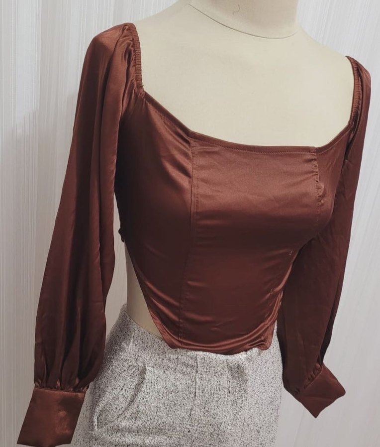 Uzun Kollu, Saten Kahverengi Bluz - Görsel 3