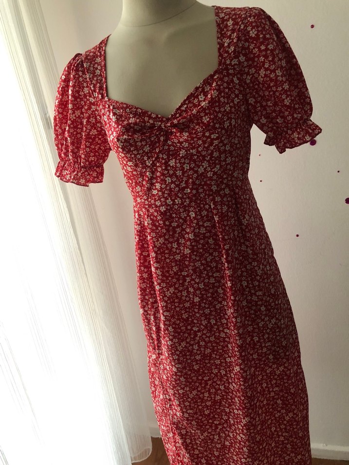 Shein Kırmızı V Yaka Midi Bohem Elbise - Görsel 4