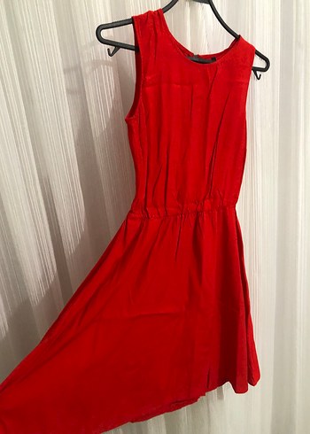 Kırmızı Kolsuz Midi Keten Elbise - Görsel 2