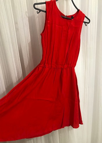 Kırmızı Kolsuz Midi Keten Elbise - Görsel 4