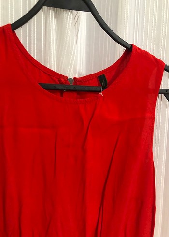 Kırmızı Kolsuz Midi Keten Elbise - Görsel 3