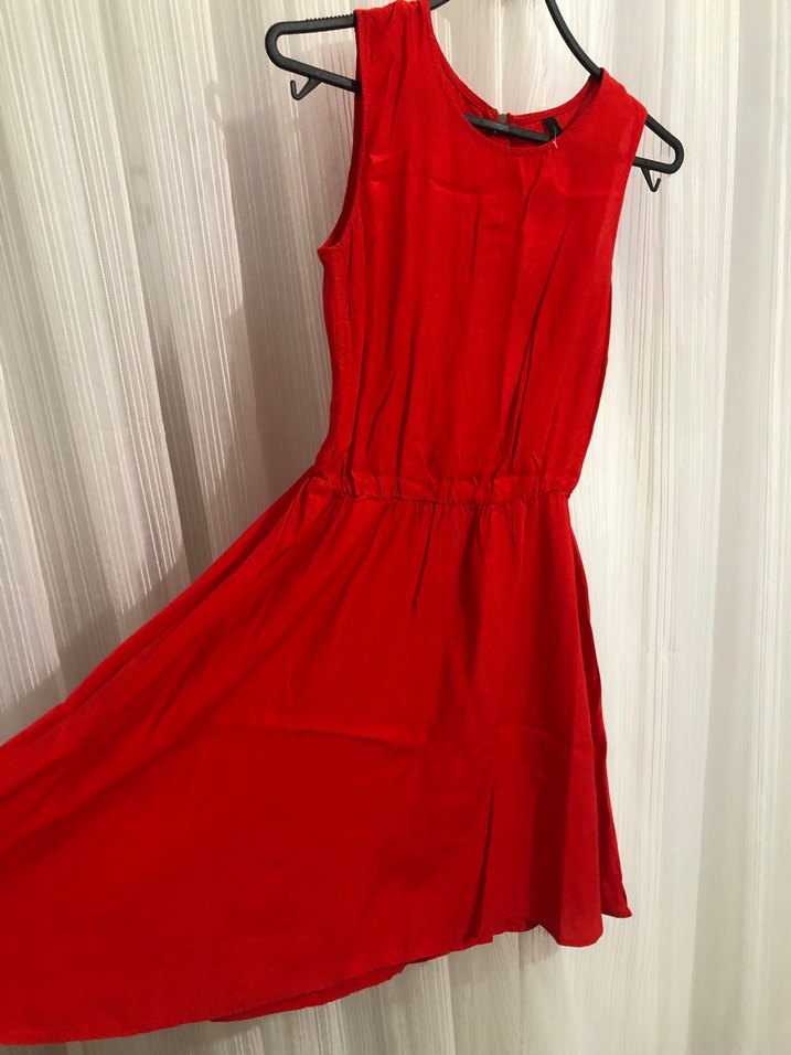 Kırmızı Kolsuz Midi Keten Elbise - Görsel 4