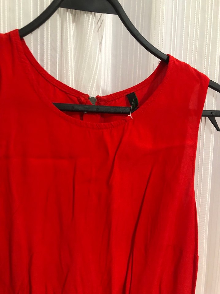 Kırmızı Kolsuz Midi Keten Elbise - Görsel 3