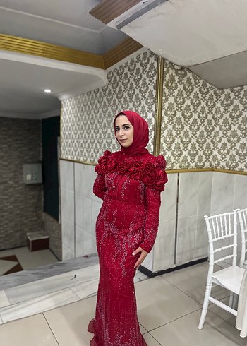 Bordo Uzun Kollu Drapeli Abiye Elbise