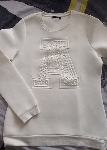 Unisex Beyaz Baskılı Uzun Kollu Sweatshirt