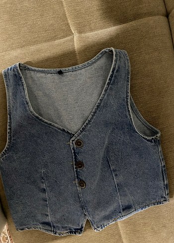 Düğmeli Kadın Mavi Kot Yelek - Görsel 2