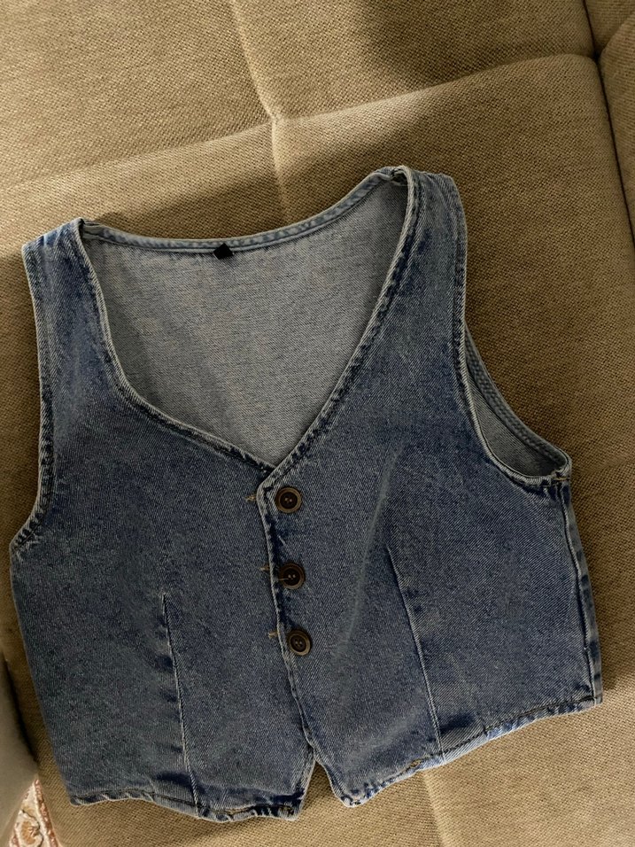 Düğmeli Kadın Mavi Kot Yelek - Görsel 2