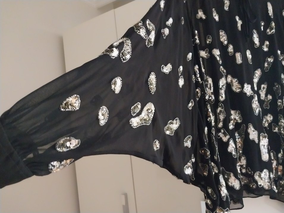 Drapeli Siyah Payetli Uzun Kollu Kadın Bluz abiye - Görsel 4