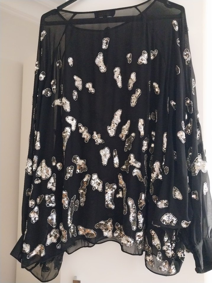 Drapeli Siyah Payetli Uzun Kollu Kadın Bluz abiye - Görsel 2