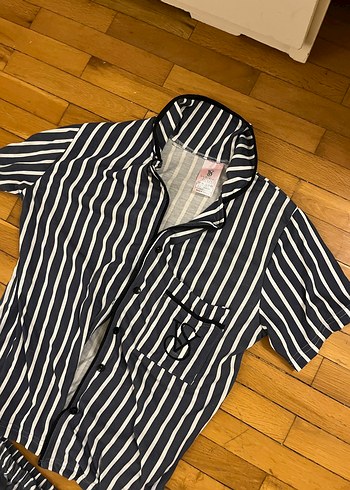 s Beden Lacivert Çizgili Kısa Kollu Pijama Takımı