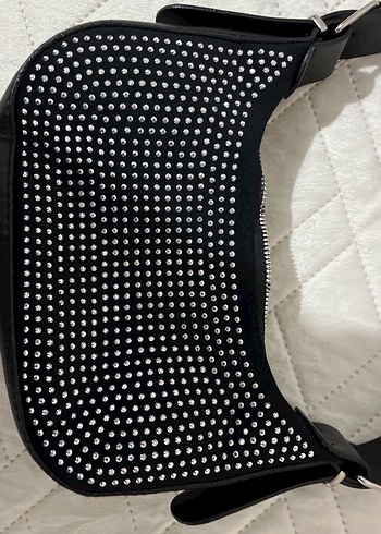 Taşlı Kemerli Siyah Deri  Kadın Çanta - Görsel 2