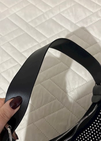 Taşlı Kemerli Siyah Deri  Kadın Çanta - Görsel 3