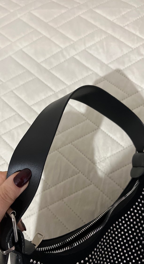 Taşlı Kemerli Siyah Deri  Kadın Çanta - Görsel 3