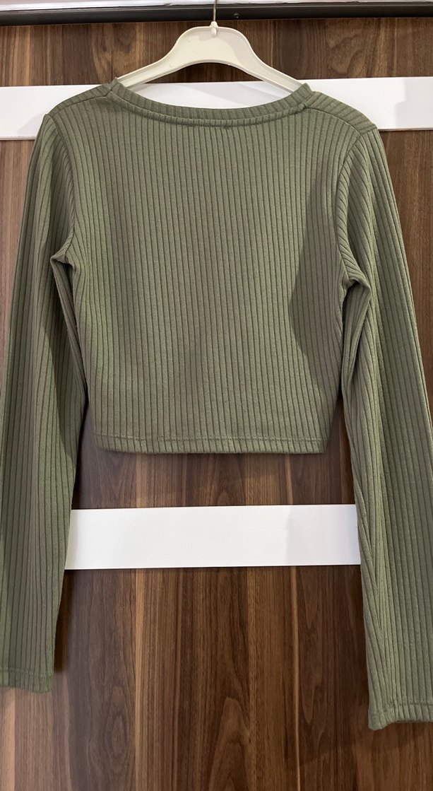 Kadın mint Fitilli Uzun Kollu Crop Kazak - Görsel 4