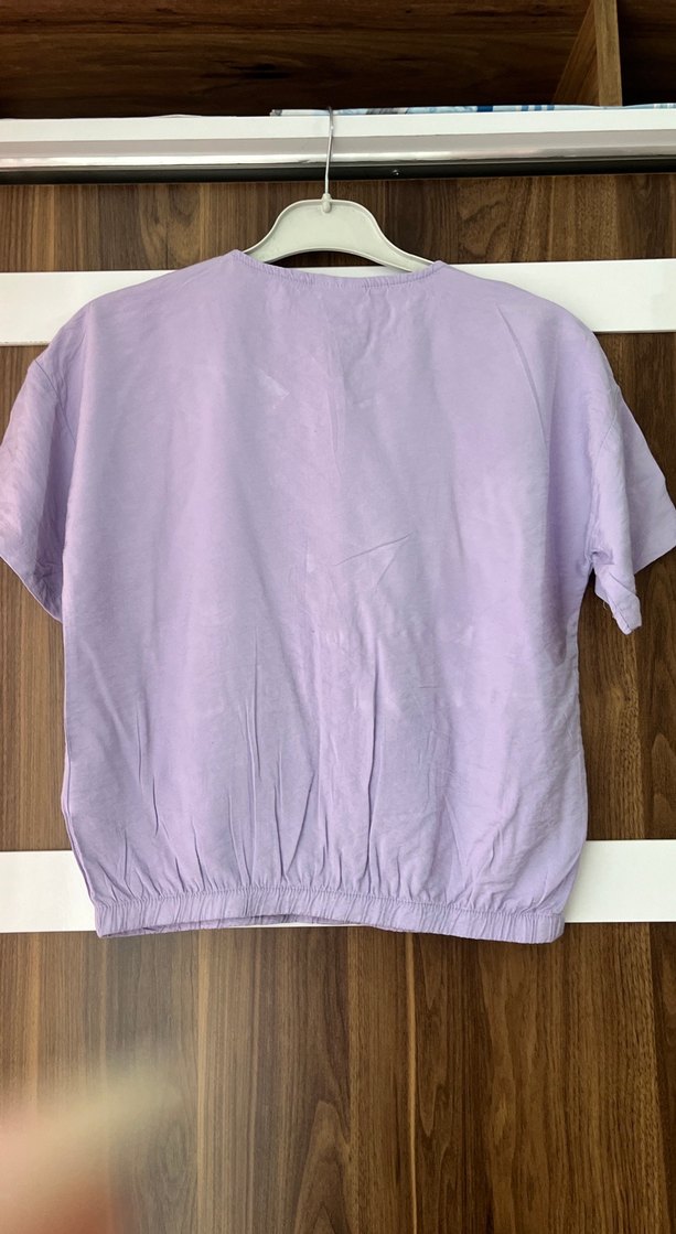 Düğmeli Kısa Kollu Lila Keten  Gömlek - Görsel 3