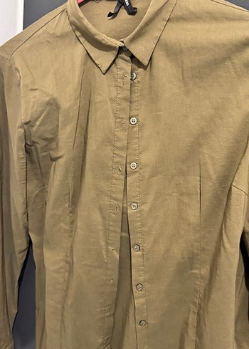 Bej Düğmeli Uzun Kollu Keten Gömlek - Görsel 5