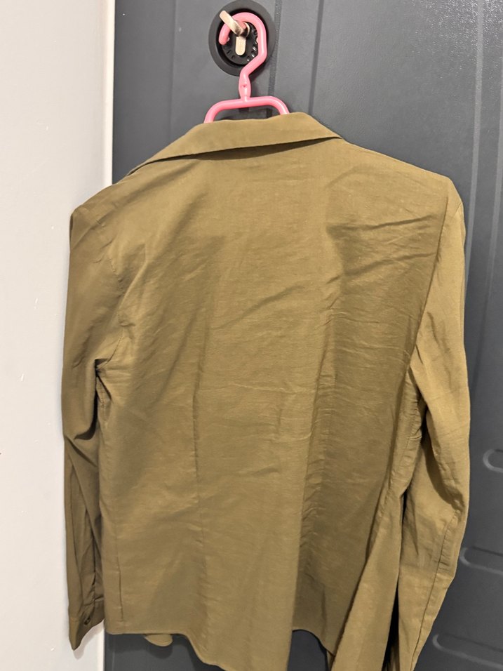 Bej Düğmeli Uzun Kollu Keten Gömlek - Görsel 4