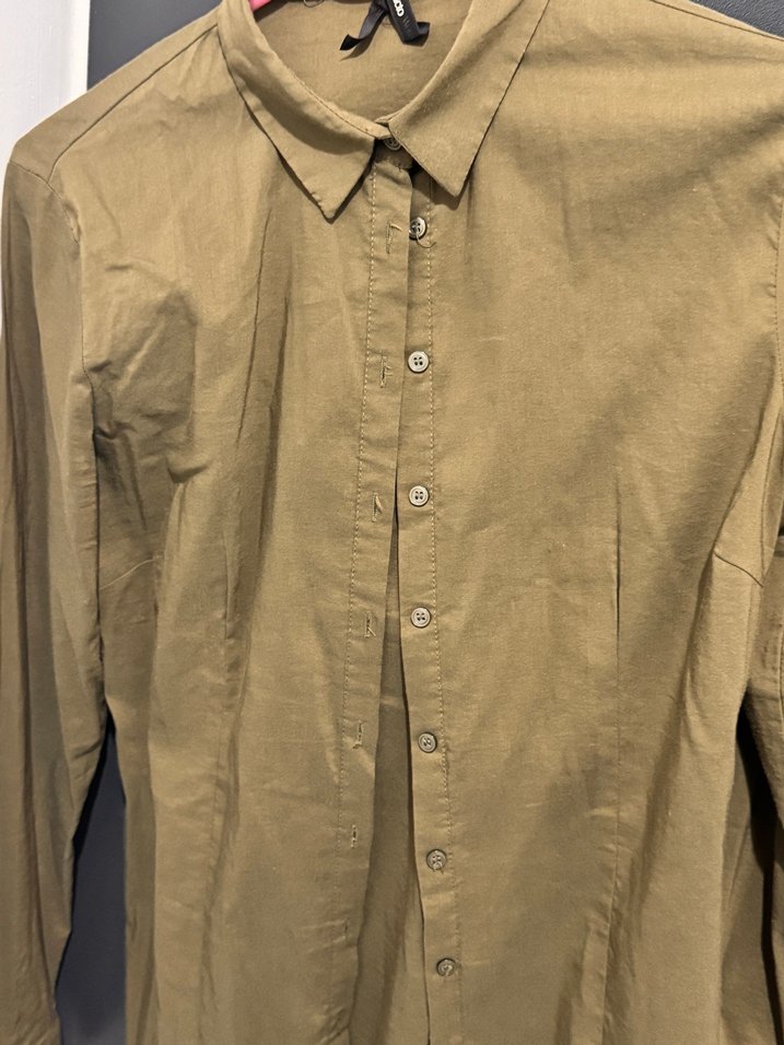 Bej Düğmeli Uzun Kollu Keten Gömlek - Görsel 5