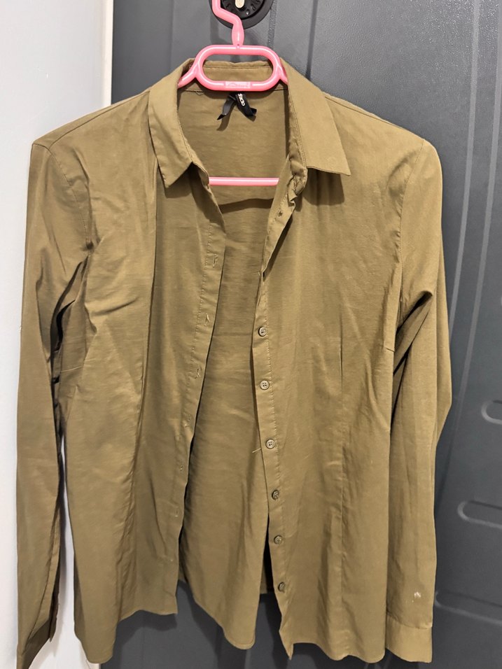 Bej Düğmeli Uzun Kollu Keten Gömlek - Görsel 2