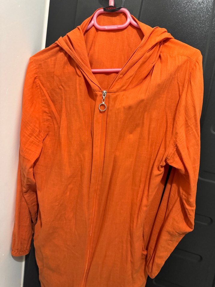 Turuncu Midi Keten Yağmurluk - Görsel 5