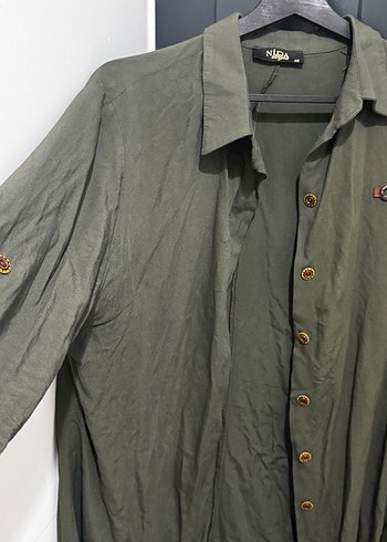 Düğmeli Yeşil Keten Kadın Gömlek - Görsel 2