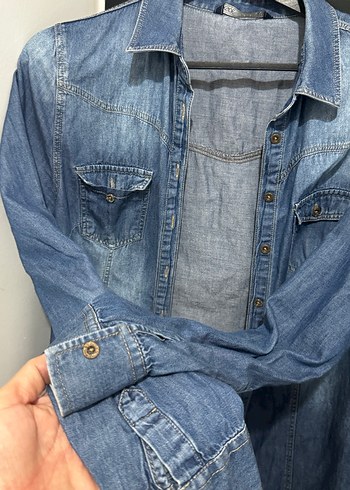 Düğmeli Uzun Kollu Mavi Denim Ceket - Görsel 5