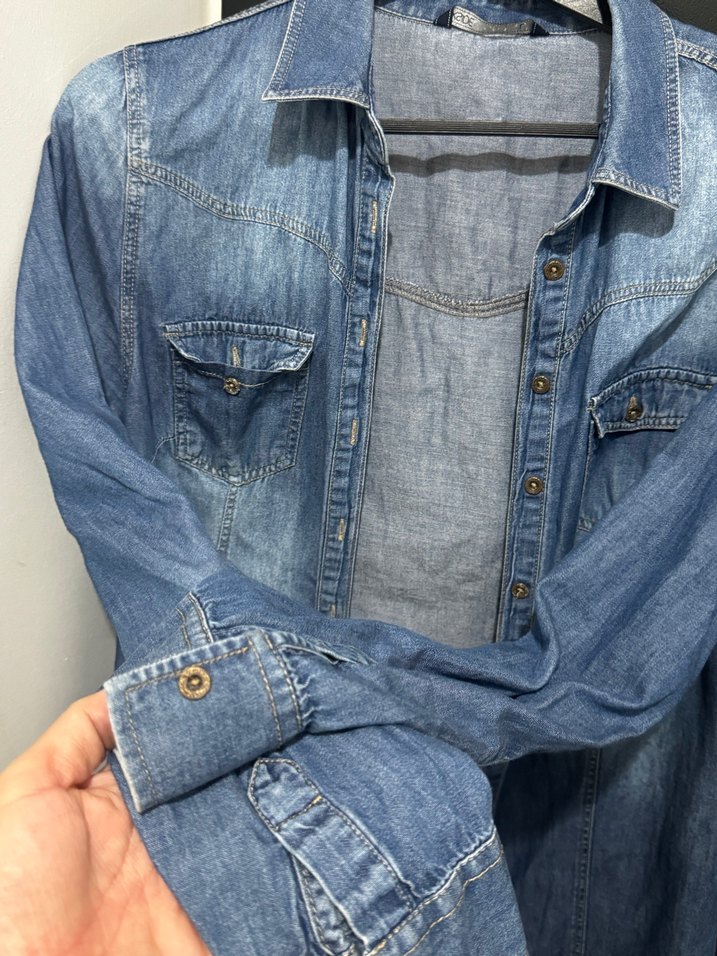 Düğmeli Uzun Kollu Mavi Denim Ceket - Görsel 5