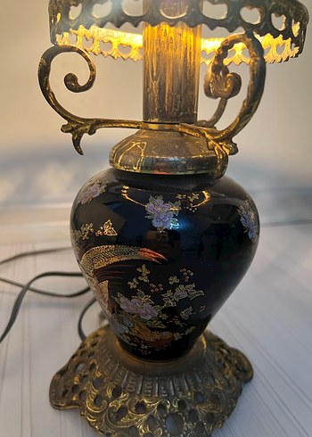 Koyu Renkli Altın Detaylı pirinç porselen antika abajur - Görsel 3