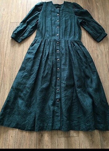 46 Beden Vintage Koyu Yeşil Keten Elbise