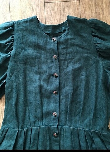 46 Beden yeşil Renk Vintage Koyu Yeşil Keten Elbise