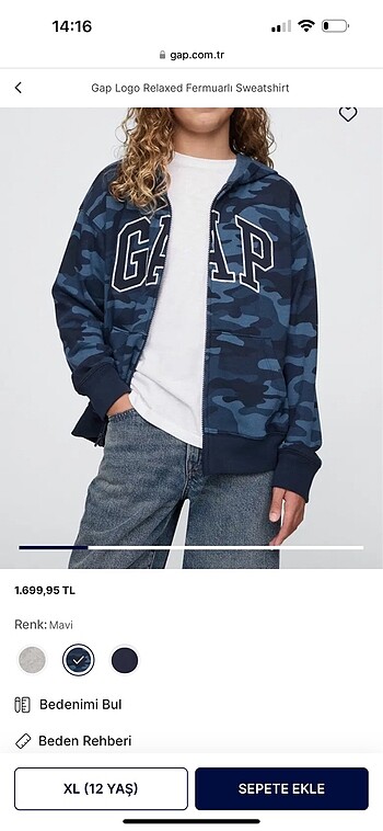 13-14 Yaş Beden lacivert Renk Gap sweat