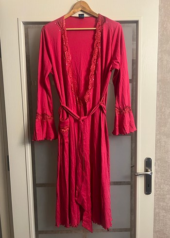 Nakışlı pembe Bohem Uzun Kadın Sabahlık - Görsel 4