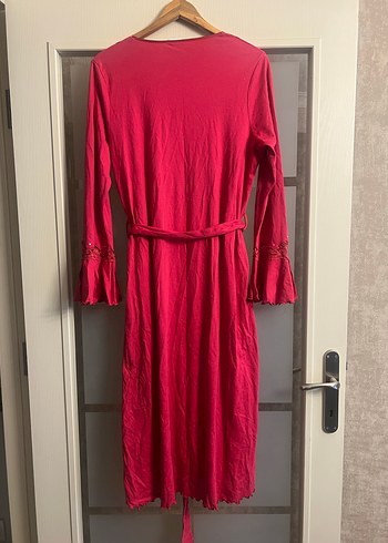 Nakışlı pembe Bohem Uzun Kadın Sabahlık - Görsel 5