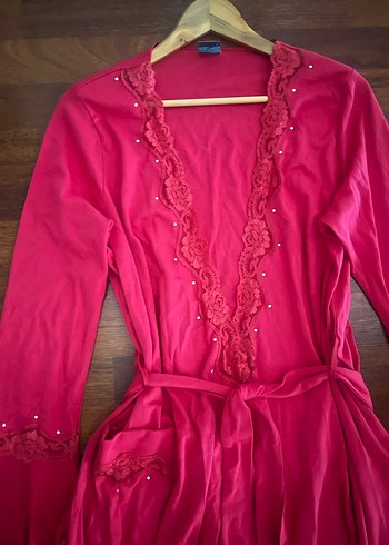 Nakışlı pembe Bohem Uzun Kadın Sabahlık - Görsel 2