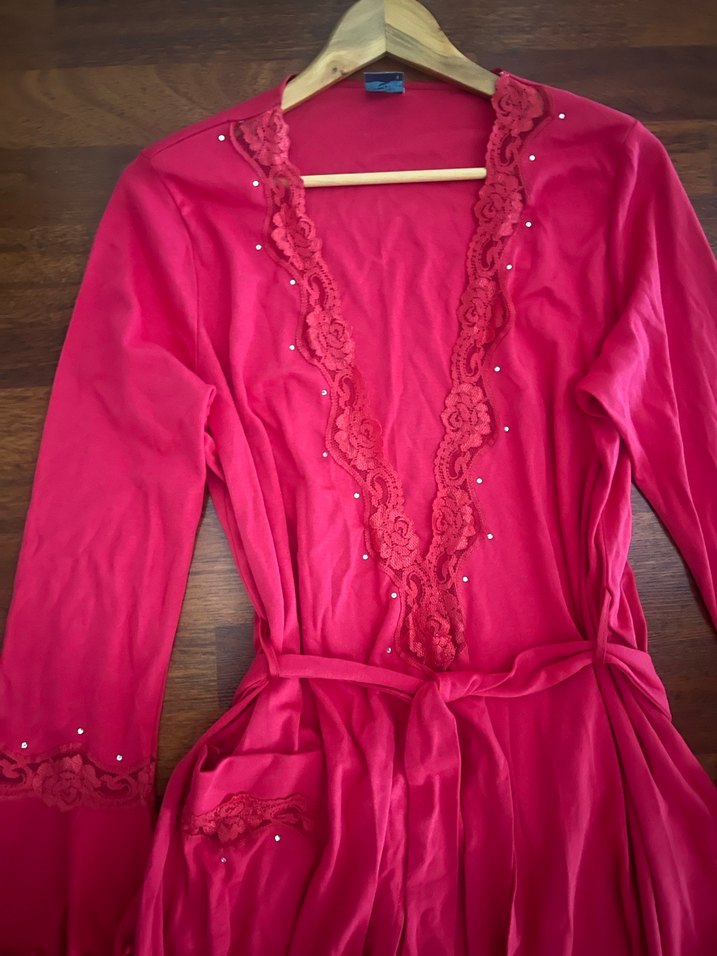 Nakışlı pembe Bohem Uzun Kadın Sabahlık - Görsel 2