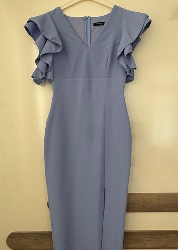 Mavi Drapeli V Yaka Midi Mezuniyet Elbisesi - Görsel 3