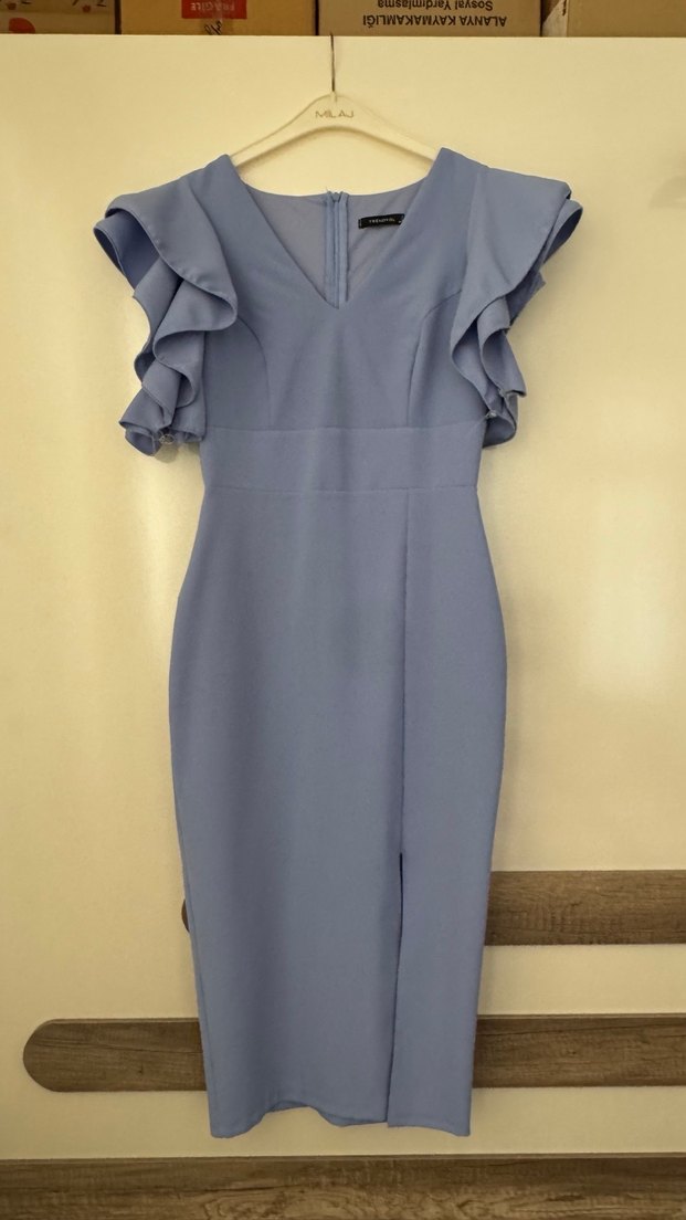 Mavi Drapeli V Yaka Midi Mezuniyet Elbisesi - Görsel 3