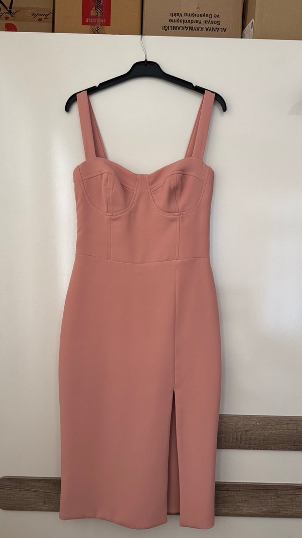 Atölye no6 Pudra renk midi boy  Kokteyl Elbisesi - Görsel 3