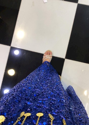 l Beden mavi Renk Parlak Mavi Uzun Payetli kaftan