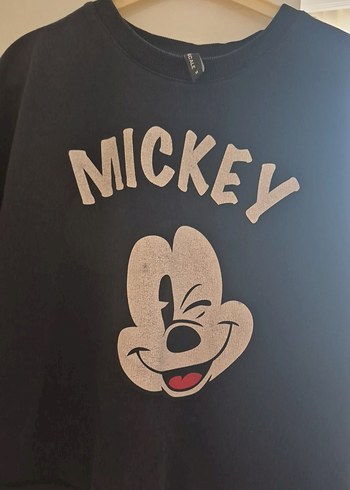 Diğer Kız Siyah Mickey Baskılı Tül Kollu Sweatshirt