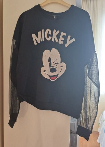 Kız Siyah Mickey Baskılı Tül Kollu Sweatshirt