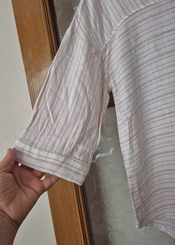 Bej Kadın Keten V Yaka Salaş Gömlek - Görsel 4