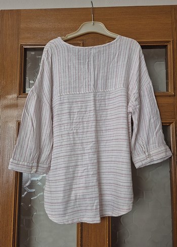 Bej Kadın Keten V Yaka Salaş Gömlek - Görsel 5