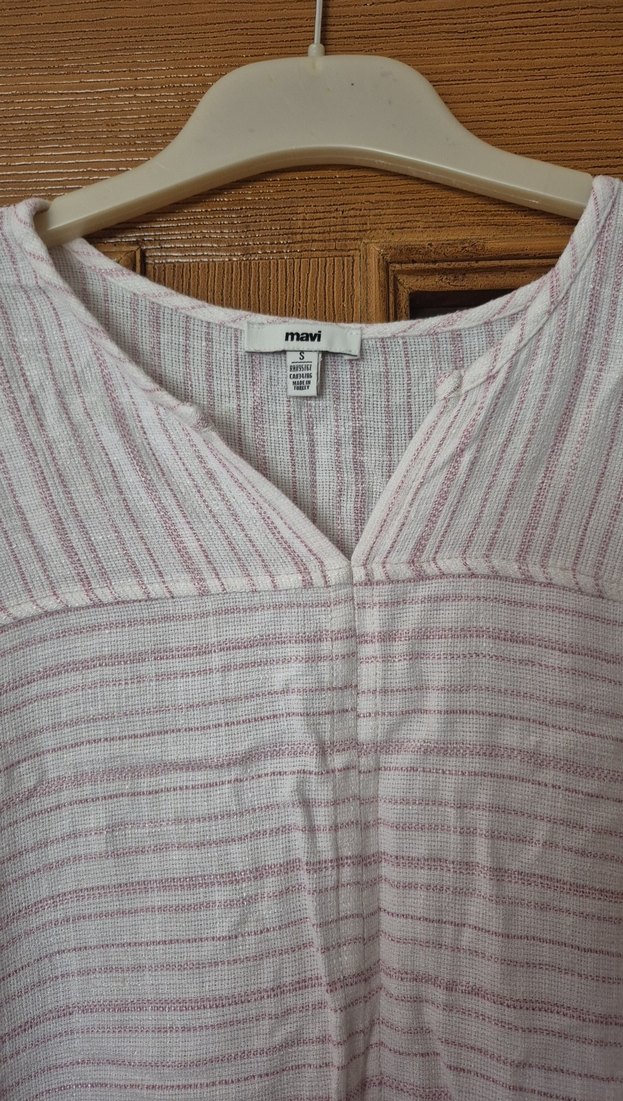 Bej Kadın Keten V Yaka Salaş Gömlek - Görsel 2